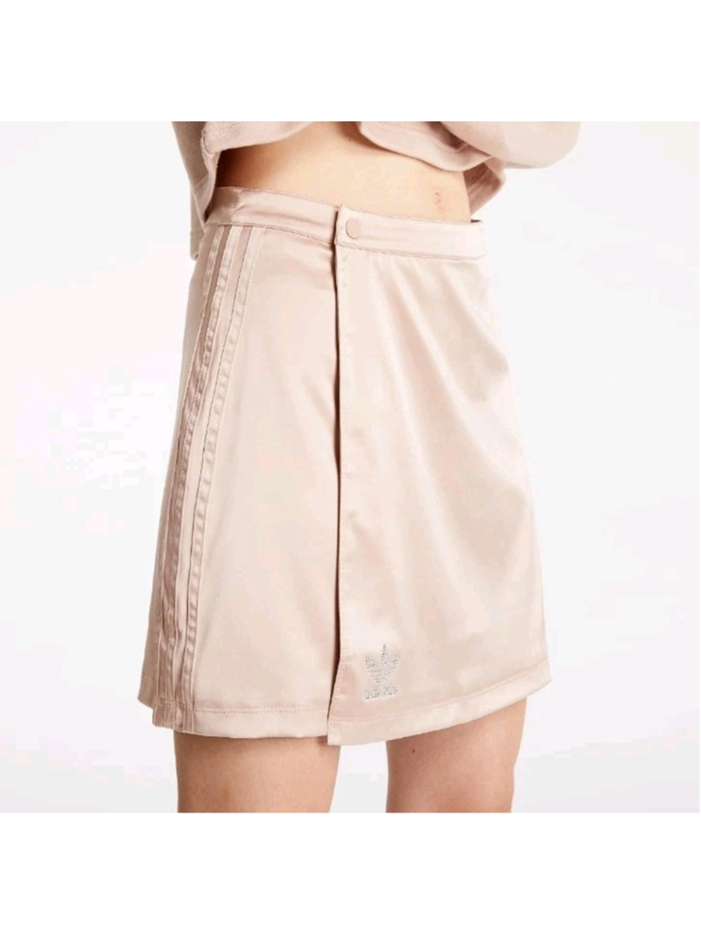 Adidas Luxe Wrap Skirt Ash Pearl Champange Sz XS Satin Rhinestone Logo Striped